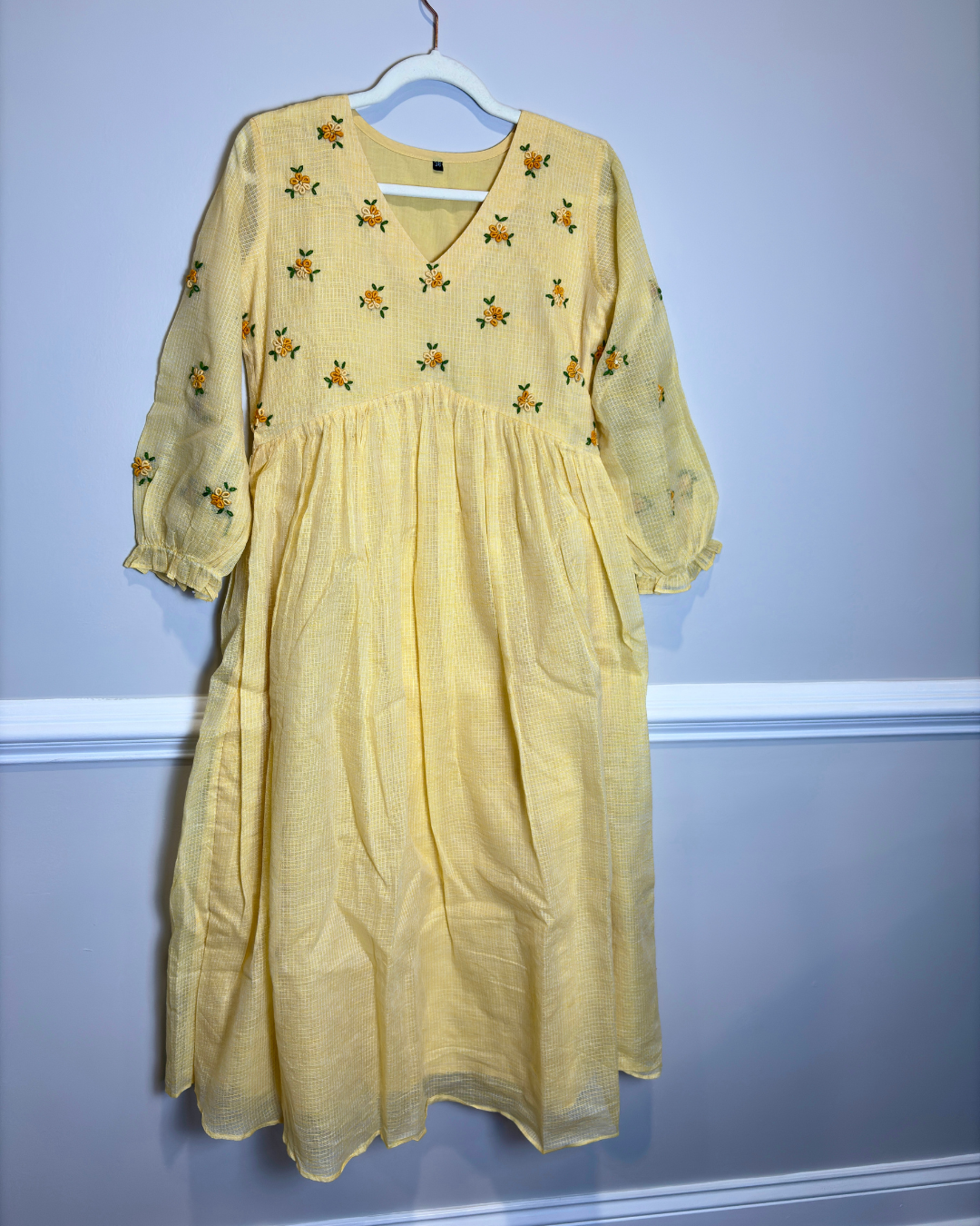 Pastel Yellow Alia Cut Dress/Kurta with Hand-Embroidered Bullion Floral Yoke