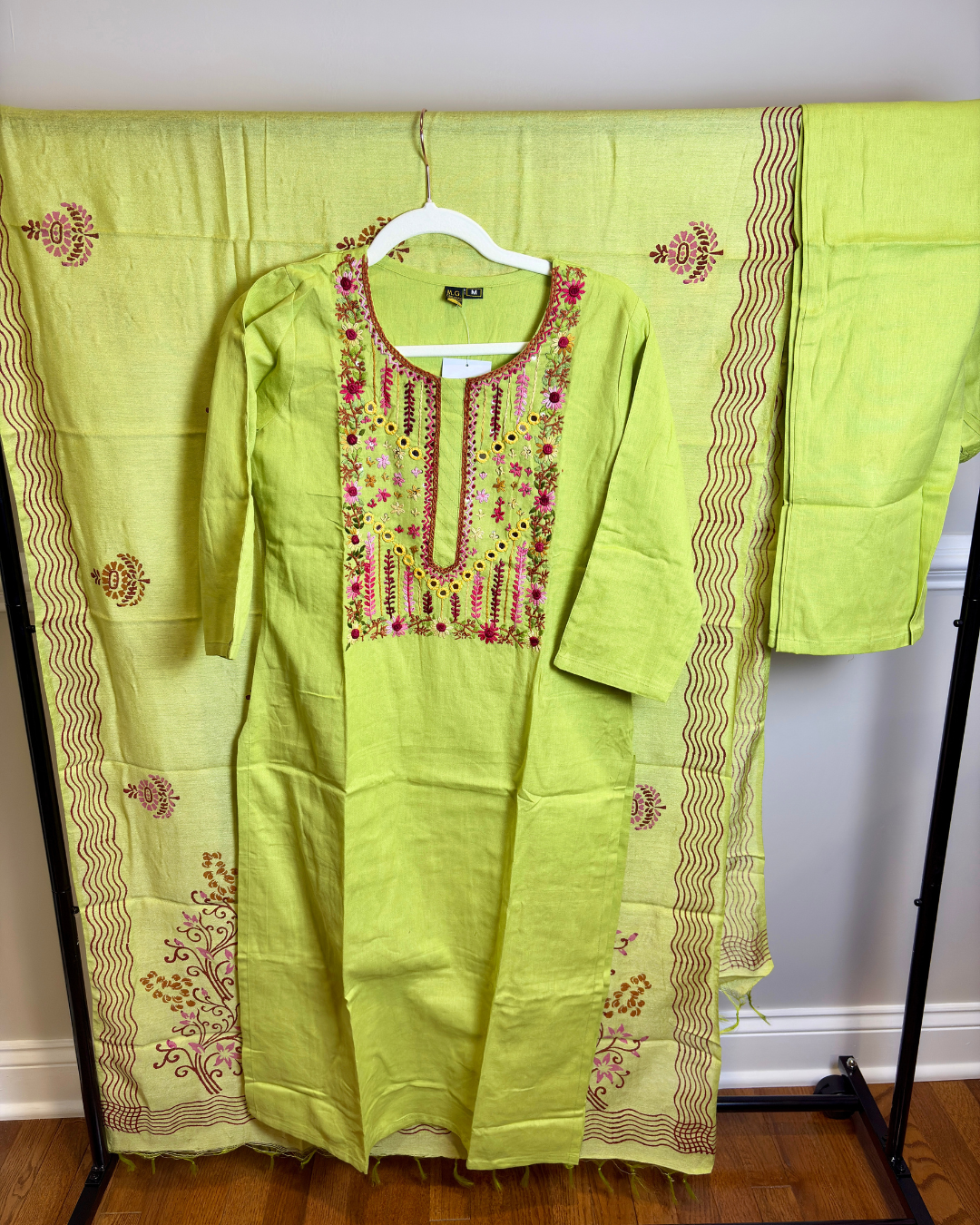 Green 3-piece Suit Set with Hand-Embroidered Floral Work and Block Print Dupatta