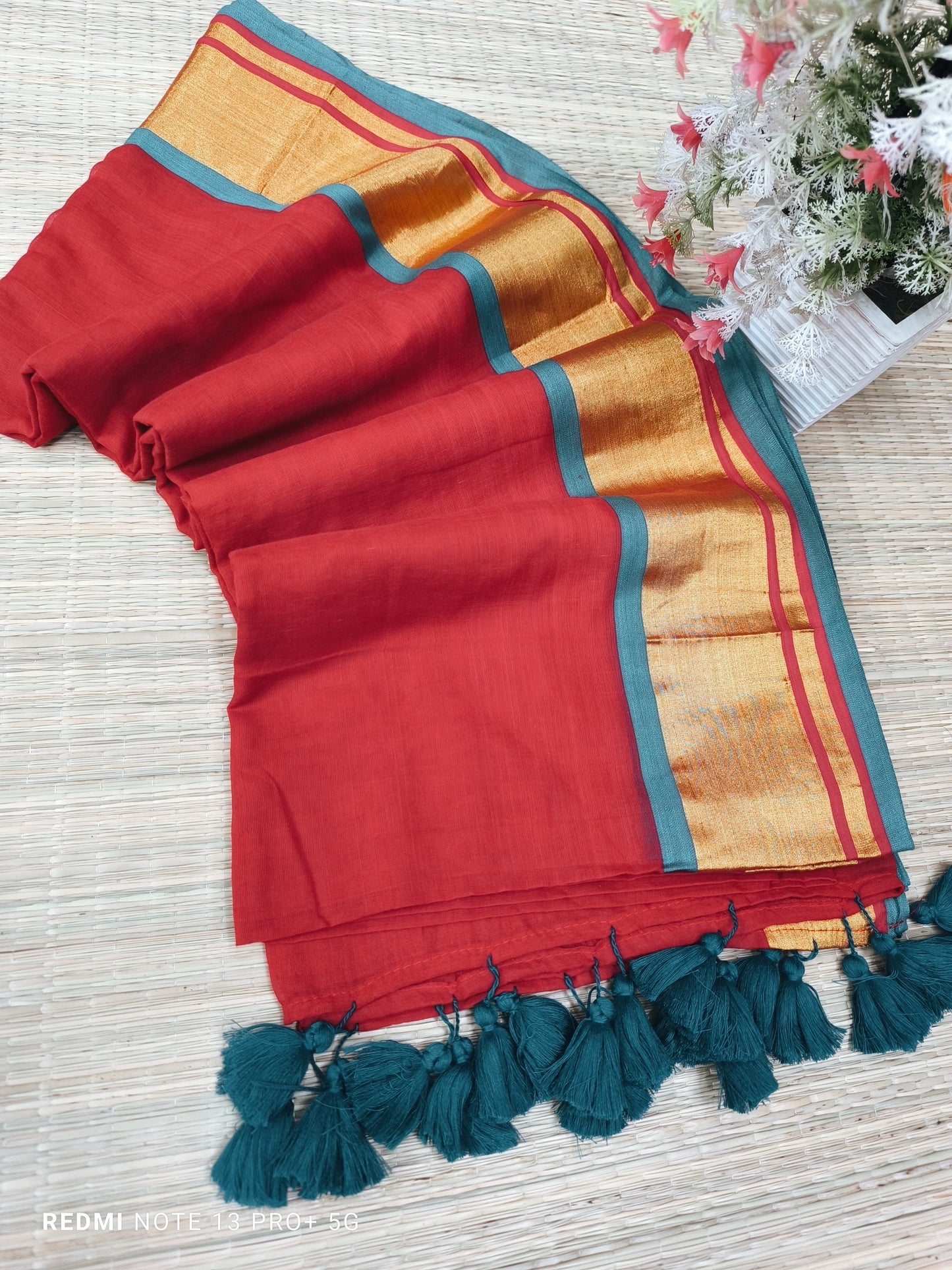 Rang - Red and Green Mul Cotton Saree