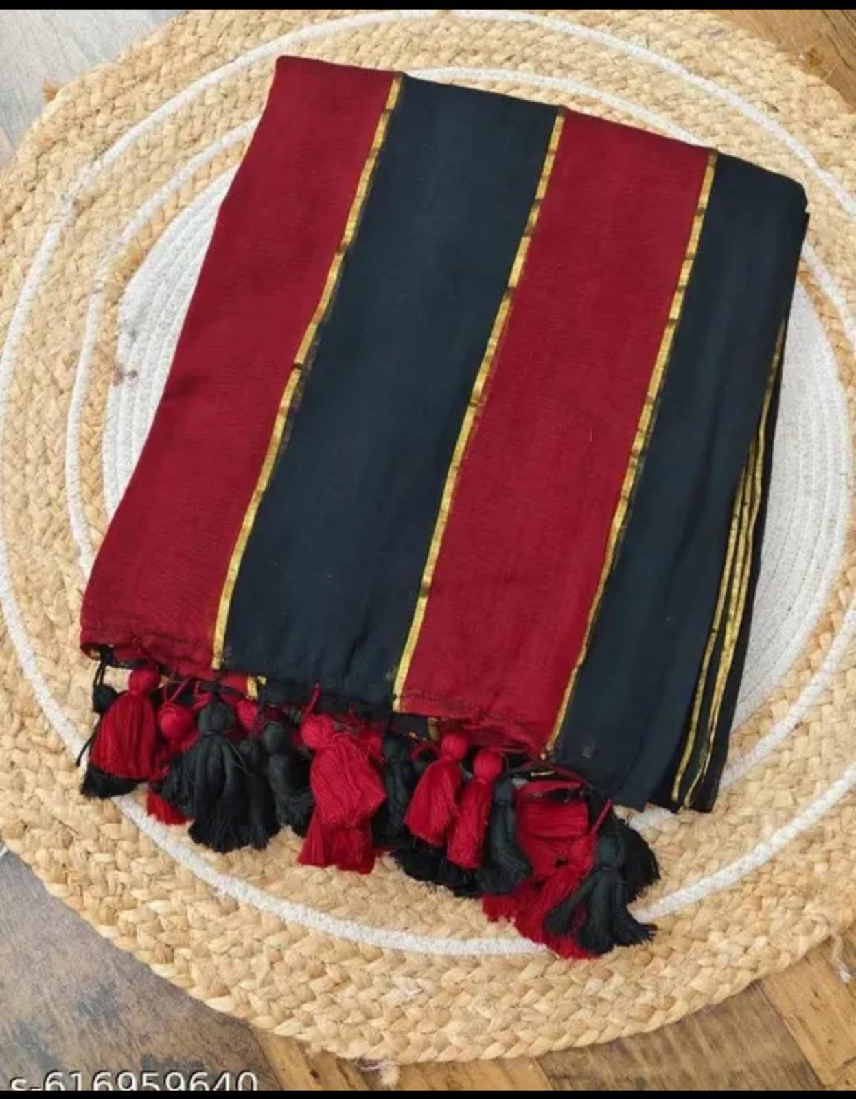 Raga - Red and Black Stripes Mul Cotton Saree