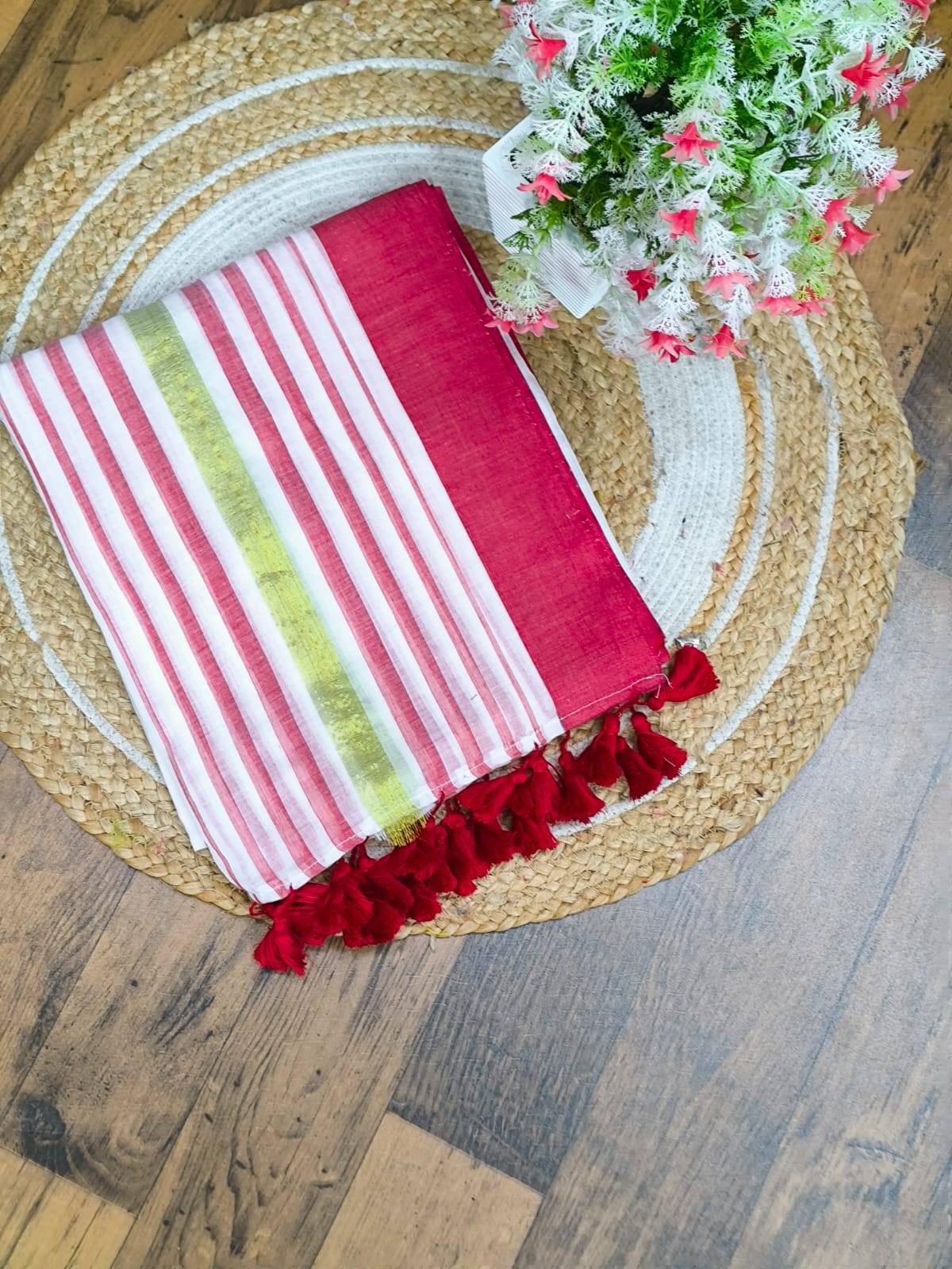 Manga - Red and White Mul Cotton Saree | Kerala Onam Saree