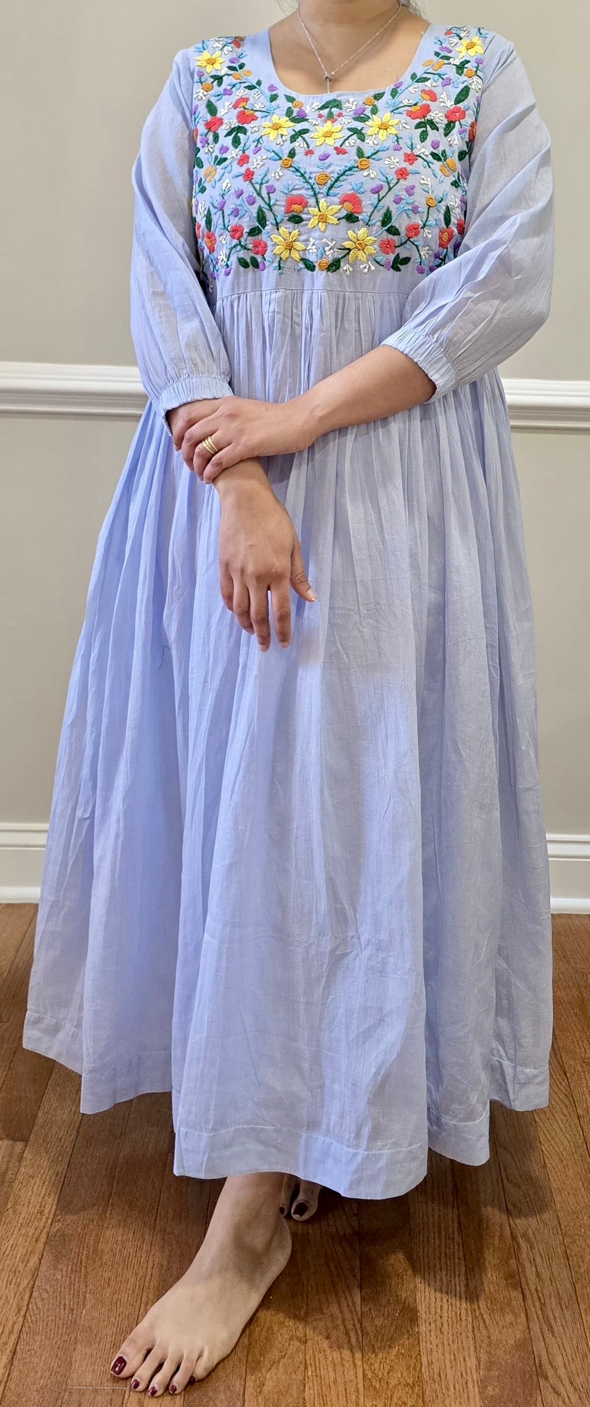 Light Blue Flared Dress/Kurta with Hand-Embroidered Floral Yoke