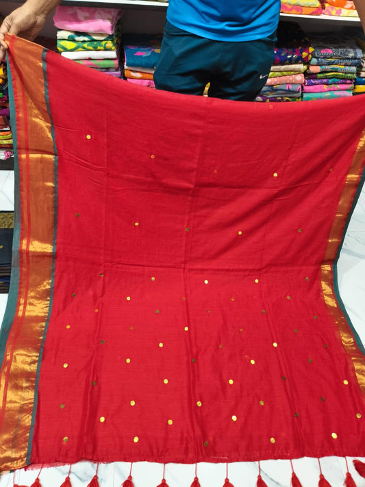Rang - Red and Green Sequin Mul Cotton Saree