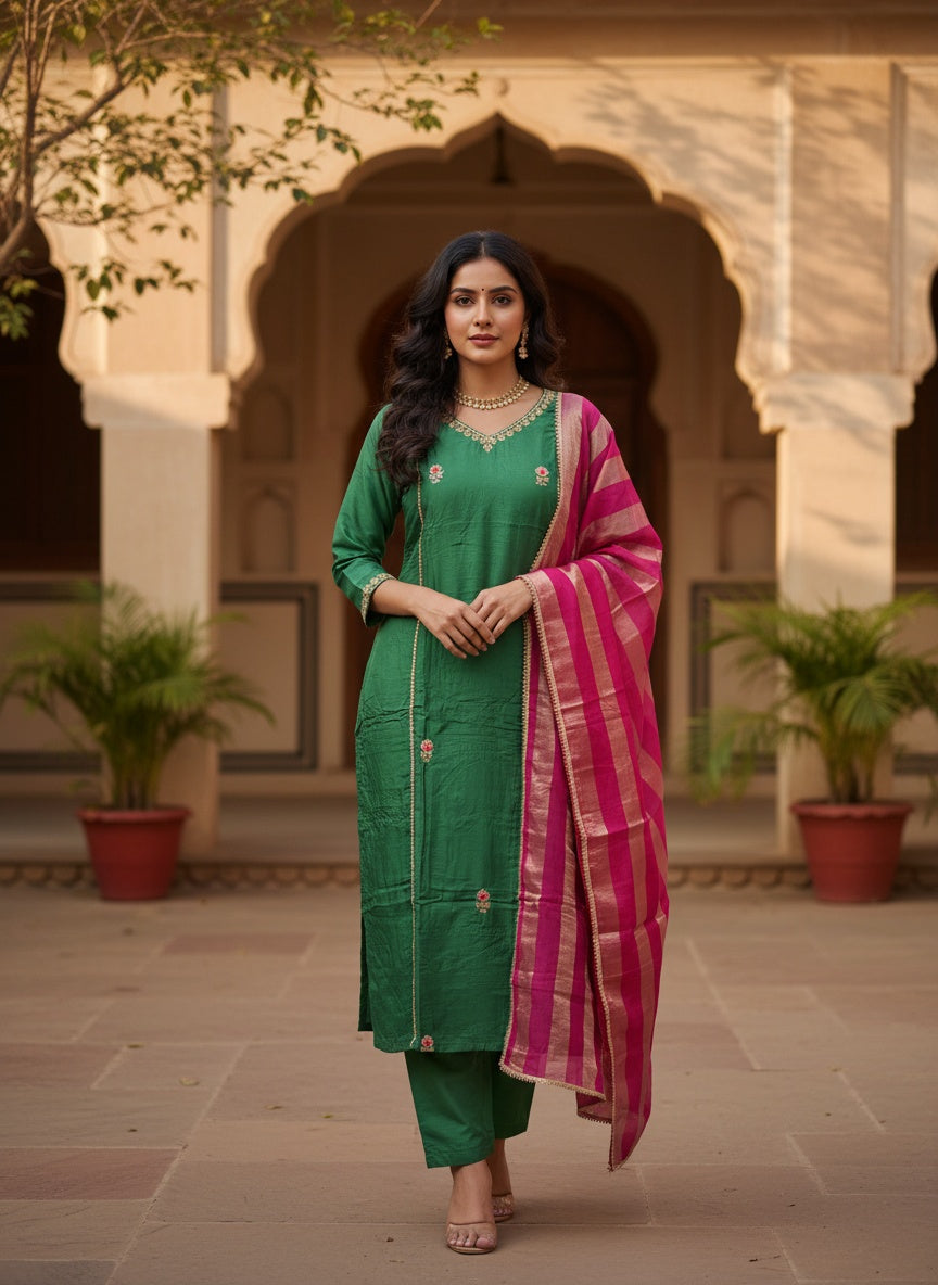 Green and Rani Pink 3-piece Dola Silk Suit Set with Hand Work and Scallop work Dupatta
