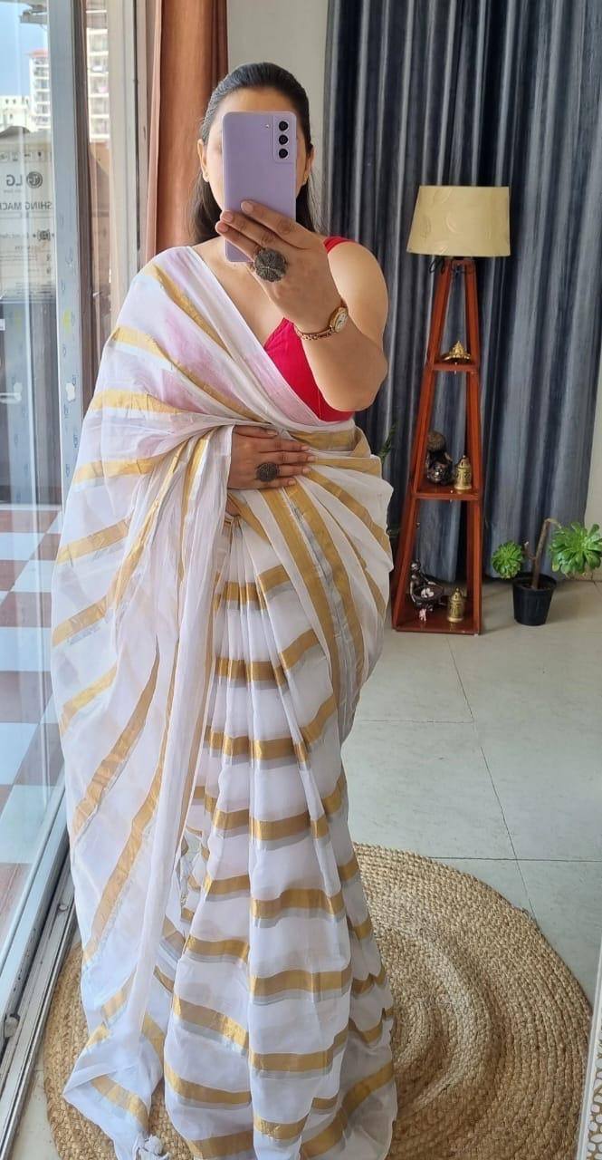 Mridula - Off White Stripes Mul Cotton Saree | Kerala Onam Saree