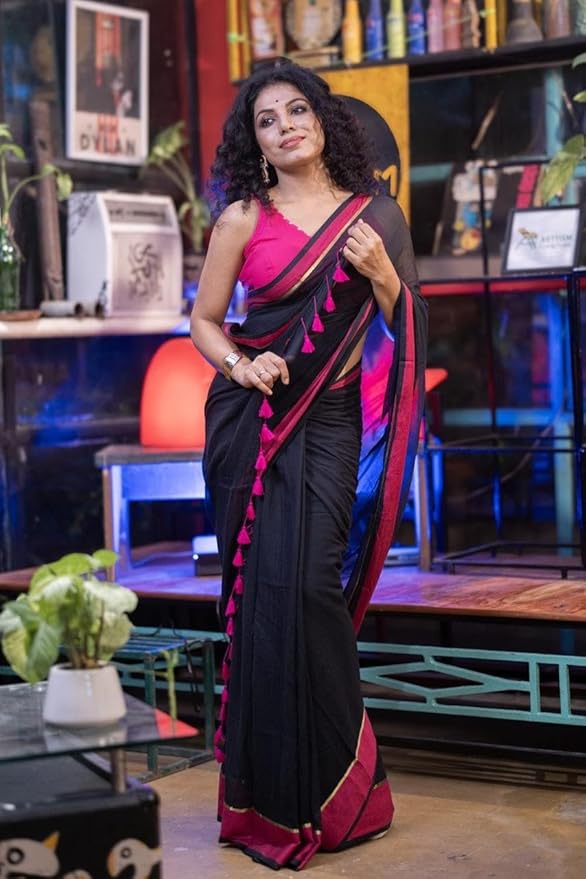Rang - Black and Pink Mul Cotton Saree