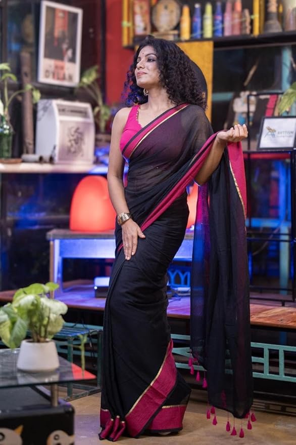 Rang - Black and Pink Mul Cotton Saree