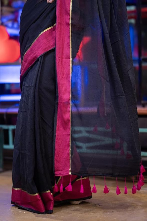 Rang - Black and Pink Mul Cotton Saree
