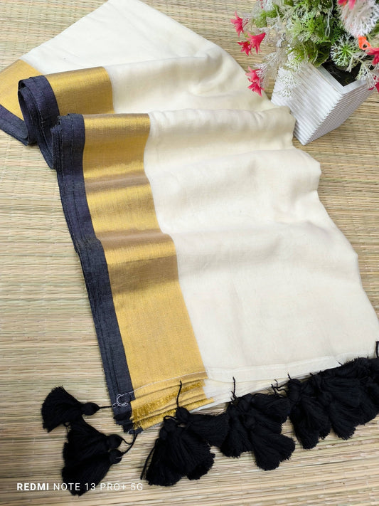 Manga - Black and White Mul Cotton Saree | Kerala Onam Saree