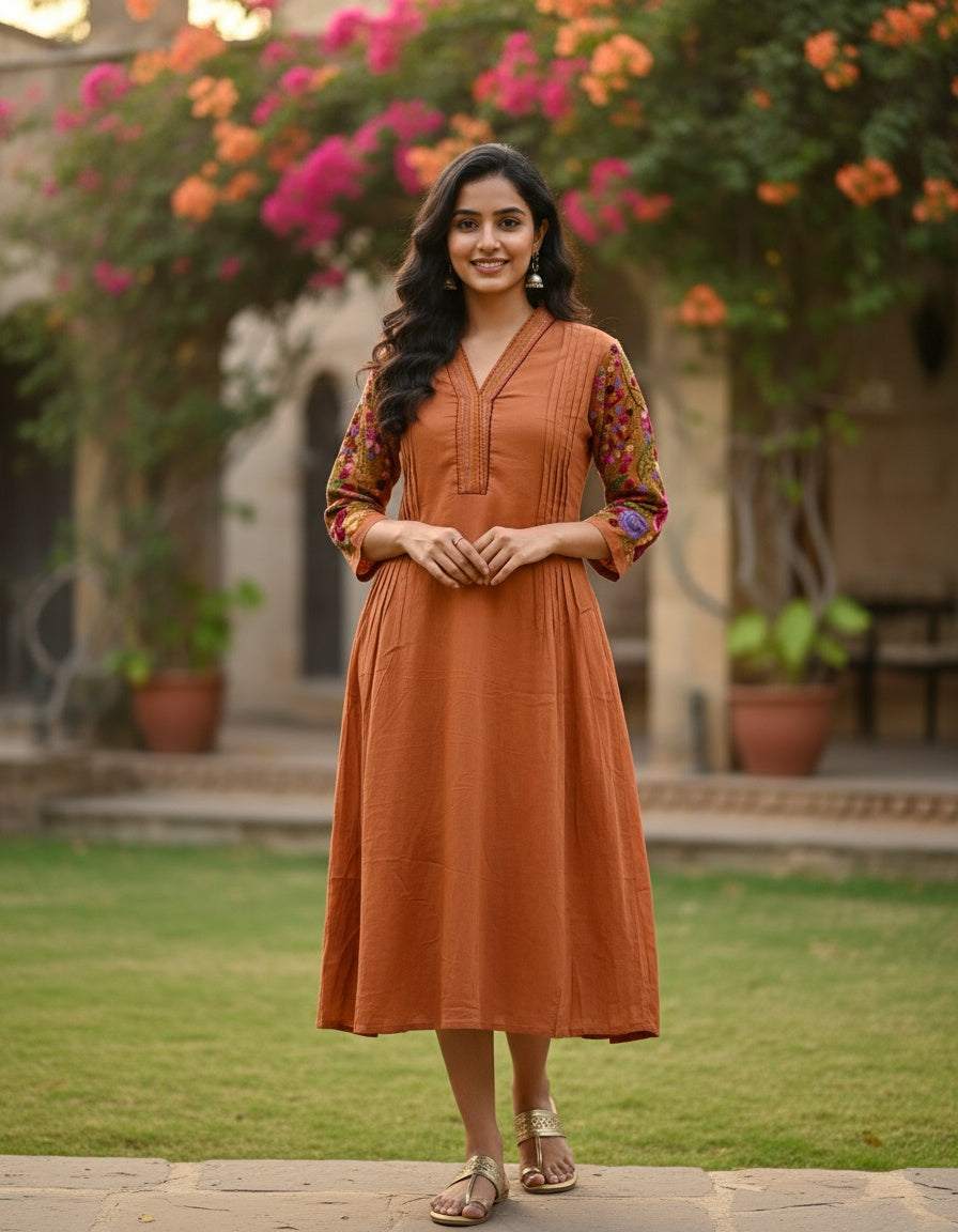 Dress/Kurta with Rich Hand Embroidery on Sleeves