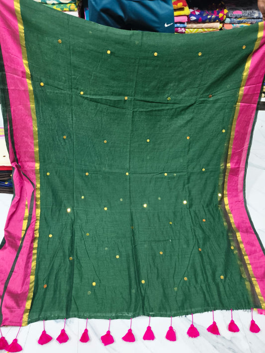 Rang - Green and Pink Sequin Mul Cotton Saree
