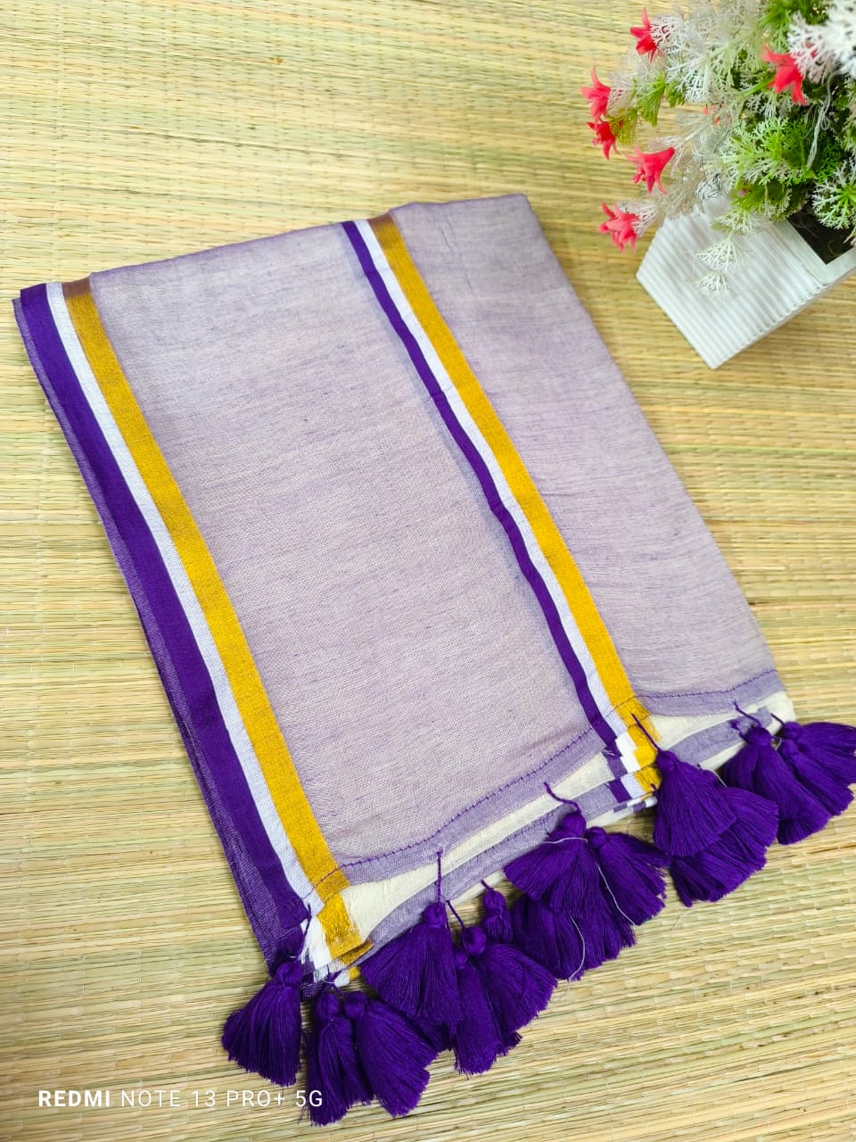 Manga - Lavender and White Mul Cotton Saree | Kerala Onam Saree