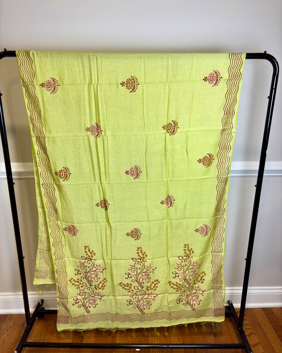 Green 3-piece Suit Set with Hand-Embroidered Floral Work and Block Print Dupatta