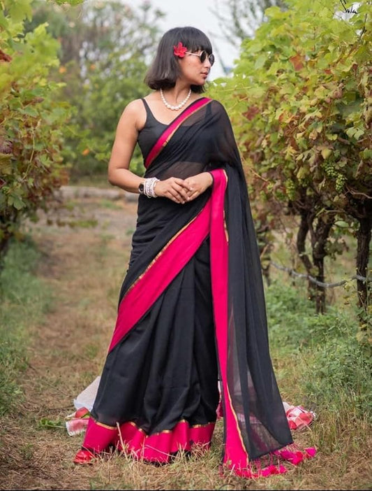 Rang - Black and Pink Mul Cotton Saree