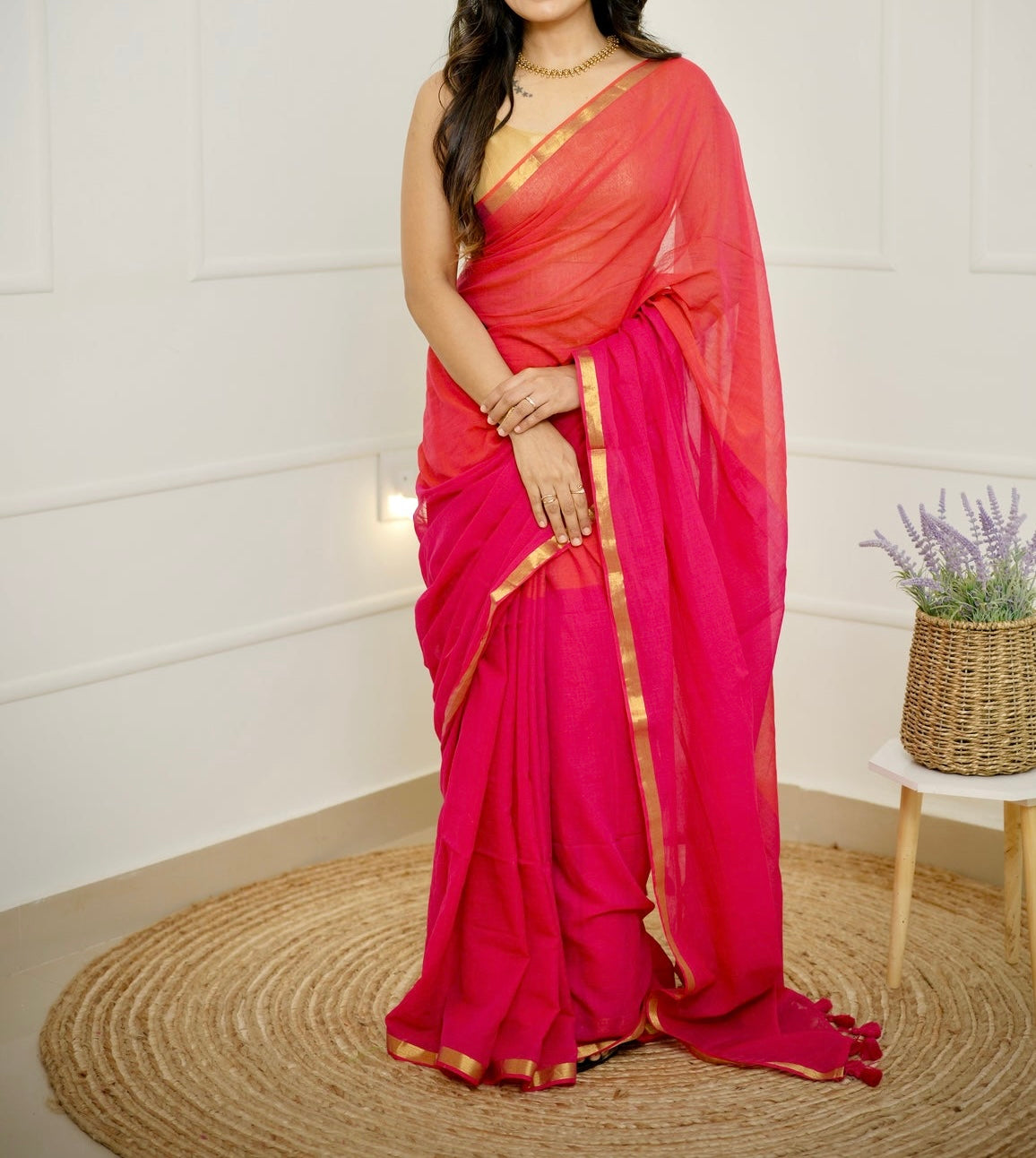 Ganga Jamuna - Pink and Orange Mul Cotton Saree