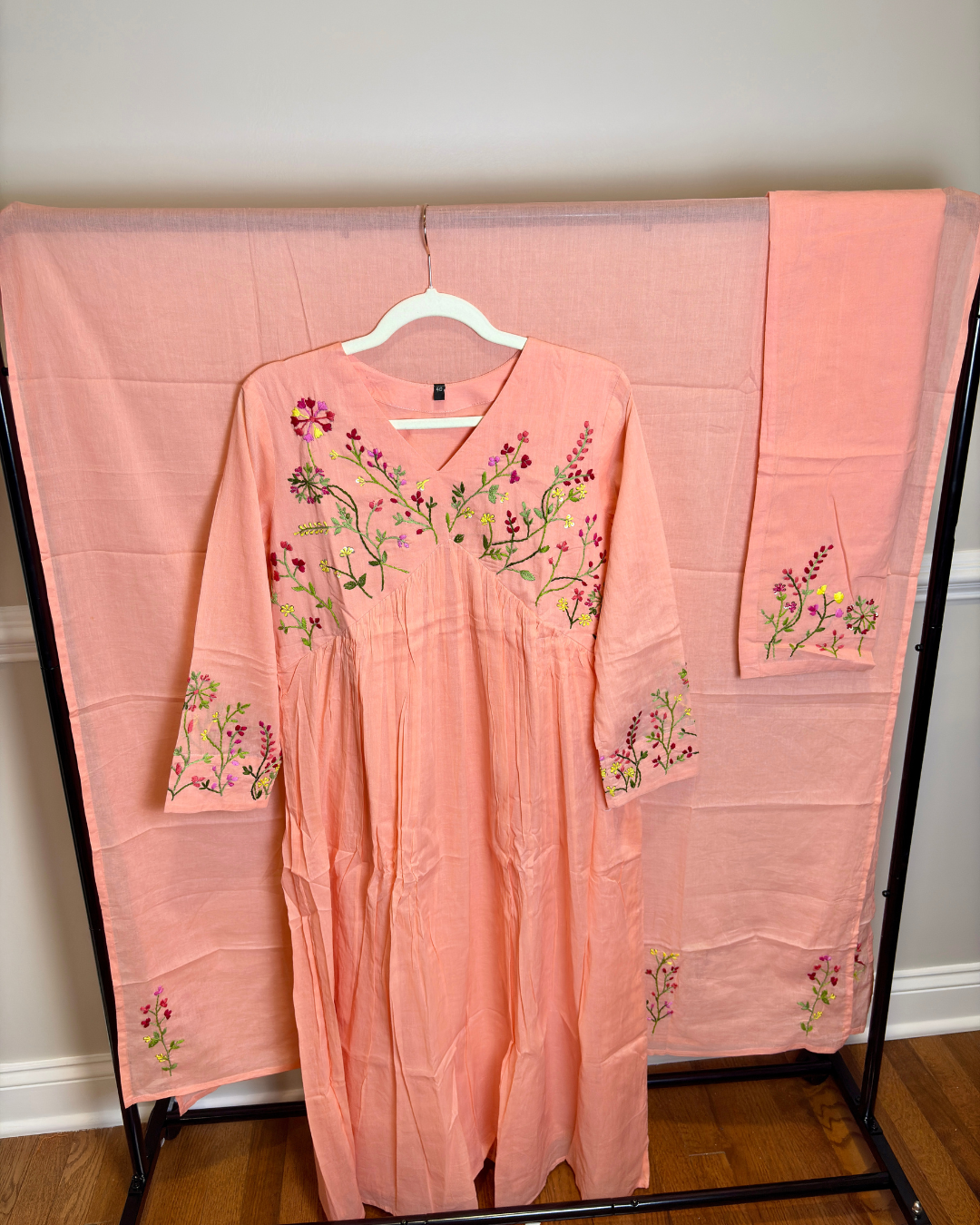 3-piece Alia Cut Suit Set with Hand-Embroidered Floral Yoke,Sleeves, Pant and Dupatta