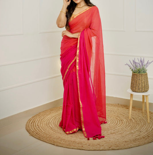 Ganga Jamuna - Pink and Orange Mul Cotton Saree