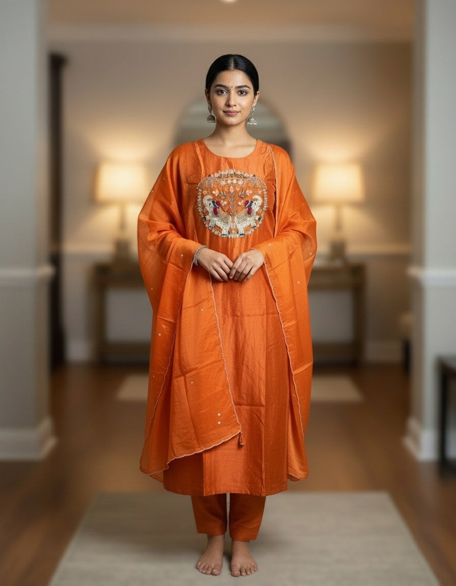 Orange 3-piece Dola Silk Suit Set with Hand Work Elephant and Scallop work Dupatta