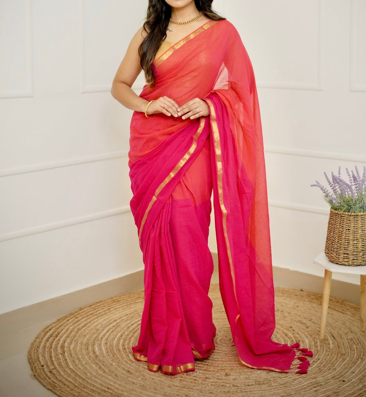 Ganga Jamuna - Pink and Orange Mul Cotton Saree