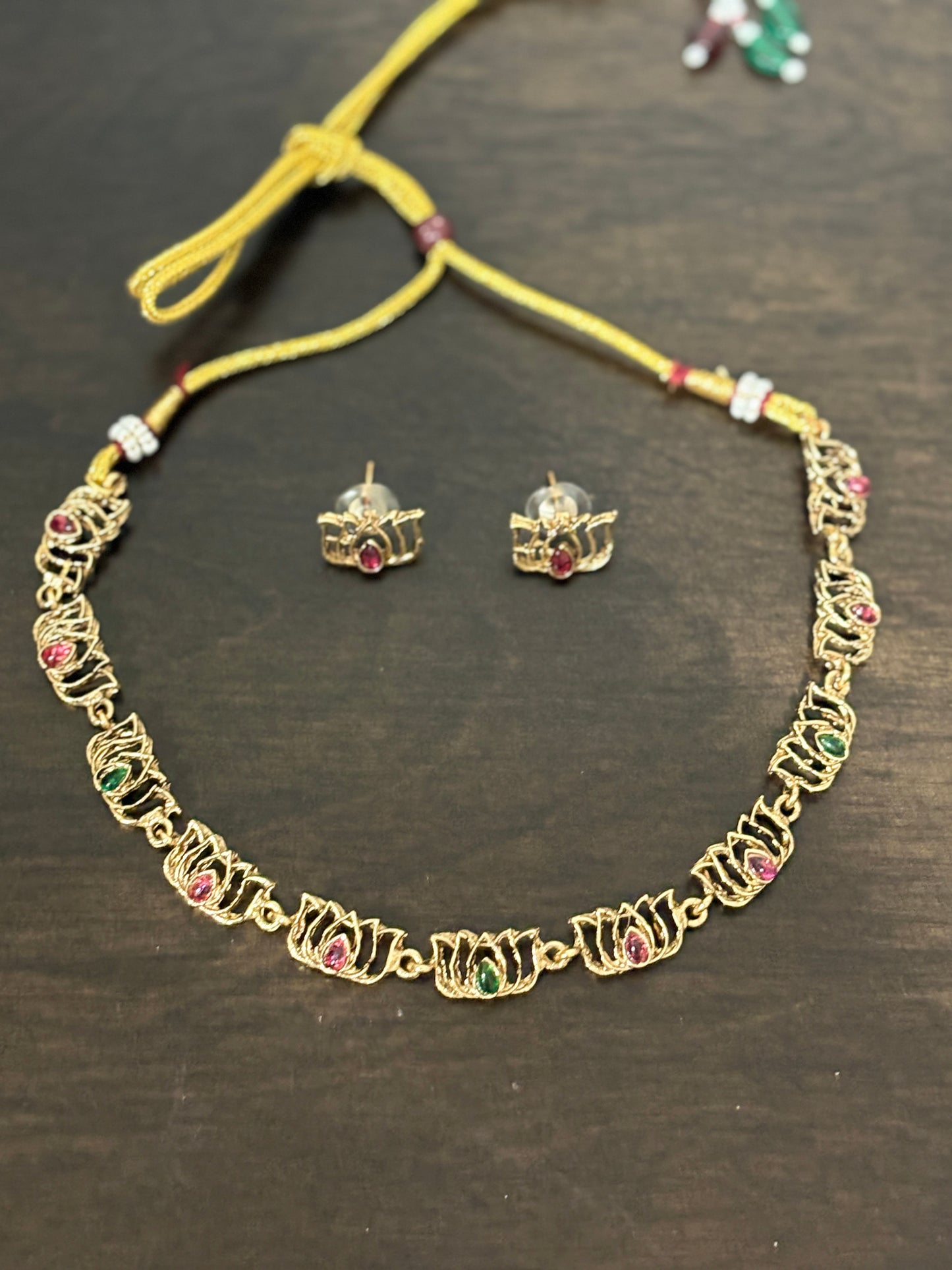 Kalyani - Red and Green stone Lotus statement Necklace with Earring