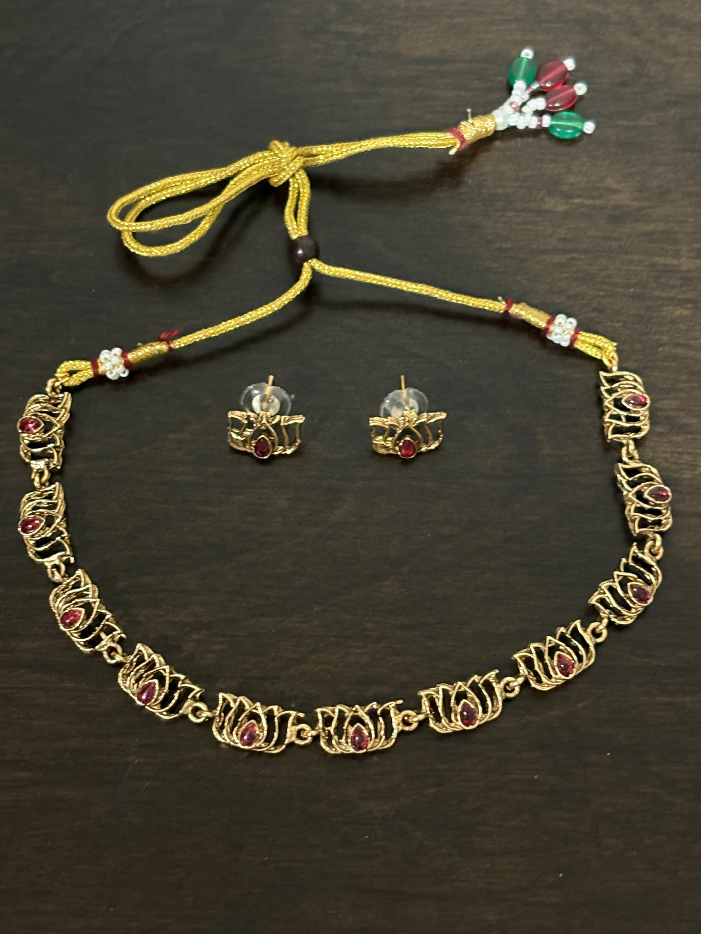 Kalyani - Red stone Lotus statement Necklace with Earring