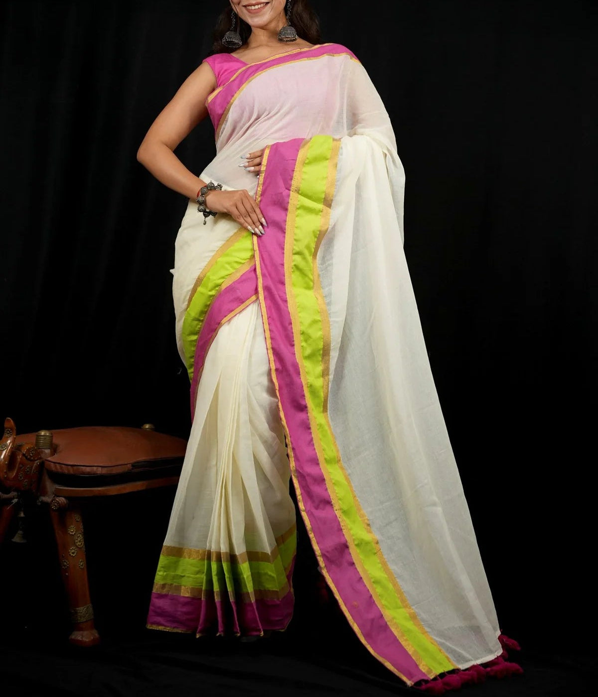 Manga - Pink, Green and White Mul Cotton Saree | Kerala Onam Saree