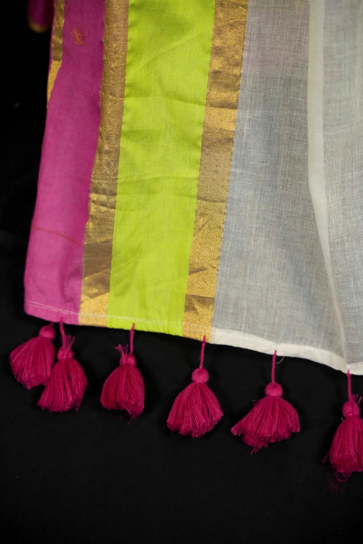 Manga - Pink, Green and White Mul Cotton Saree | Kerala Onam Saree