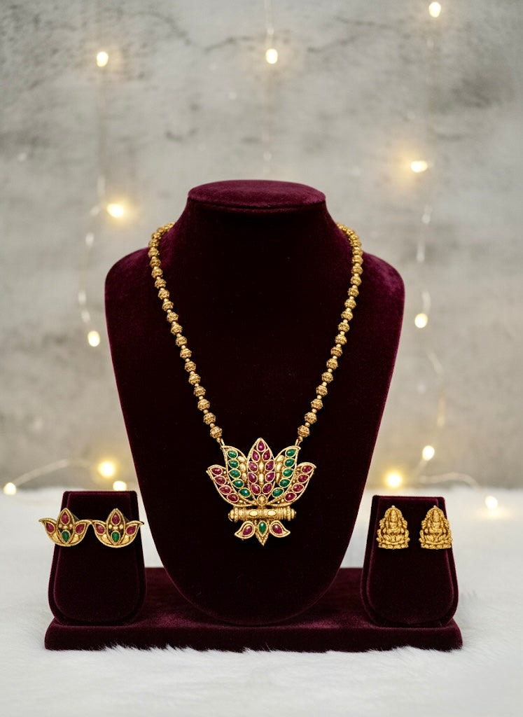 Reversible Lotus Pendant Necklace with Matching Earrings | Golden Bead Indian Jewelry Set | Ethnic Temple & Festive Wear
