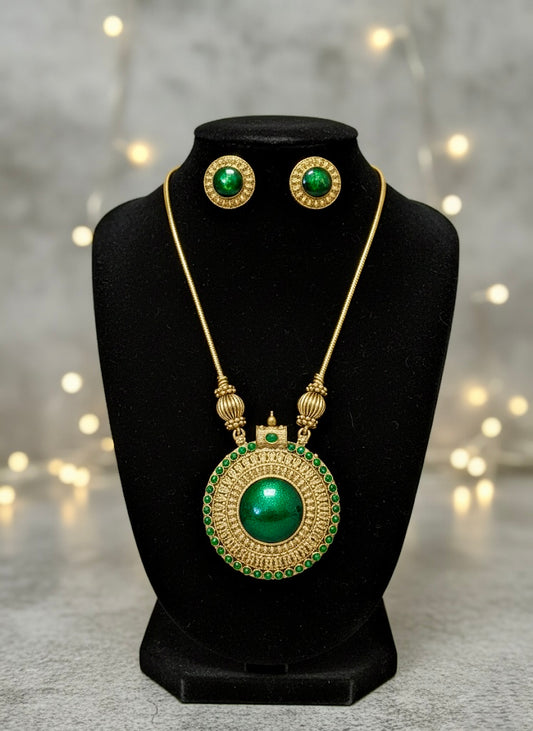 Palakka Inspired Green Statement Pendant Necklace | Indian Jewelry for Women | Ethnic Necklace | Festival & Party Wear