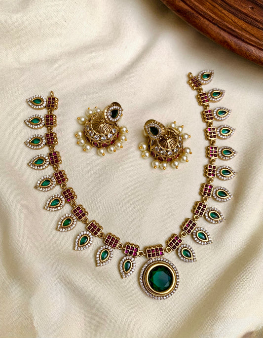 Amritha - Jasmine Premium Palakka Necklace with Green Stone & Jhumka Earrings