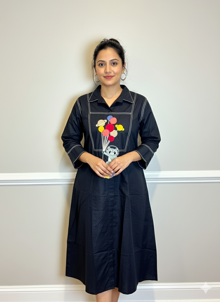 Black Dress/Kurta with Teddy Bear  Embroidery Work on Front and Back