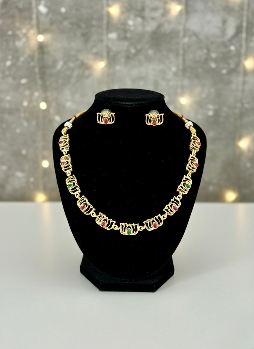 Kalyani - Red and Green stone Lotus statement Necklace with Earring