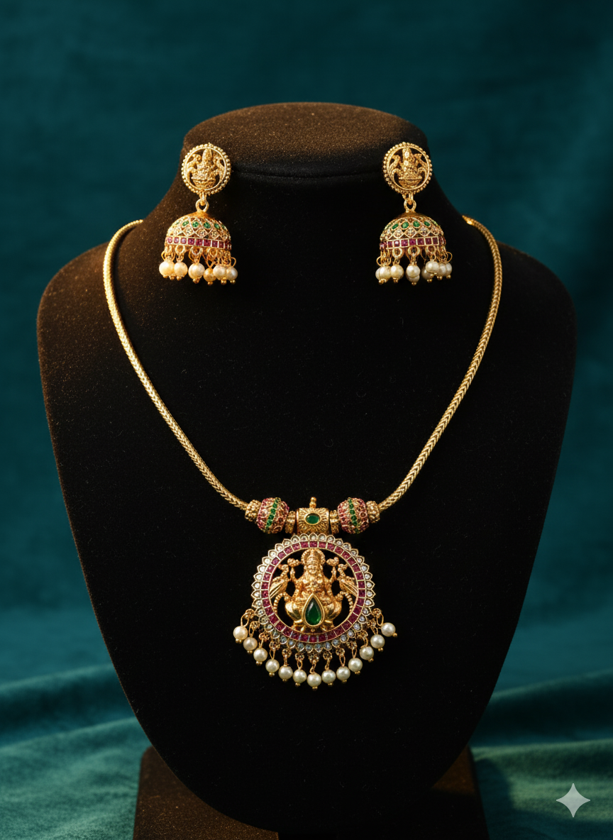 Simple Golden Lakshmi Pendant Necklace