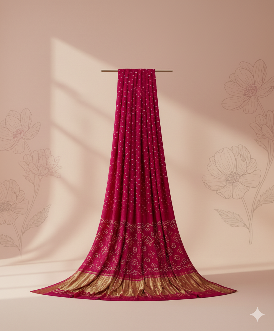 Hand Tied Bhandini/Bandhej Gajji Silk Saree with Lagdi Patta