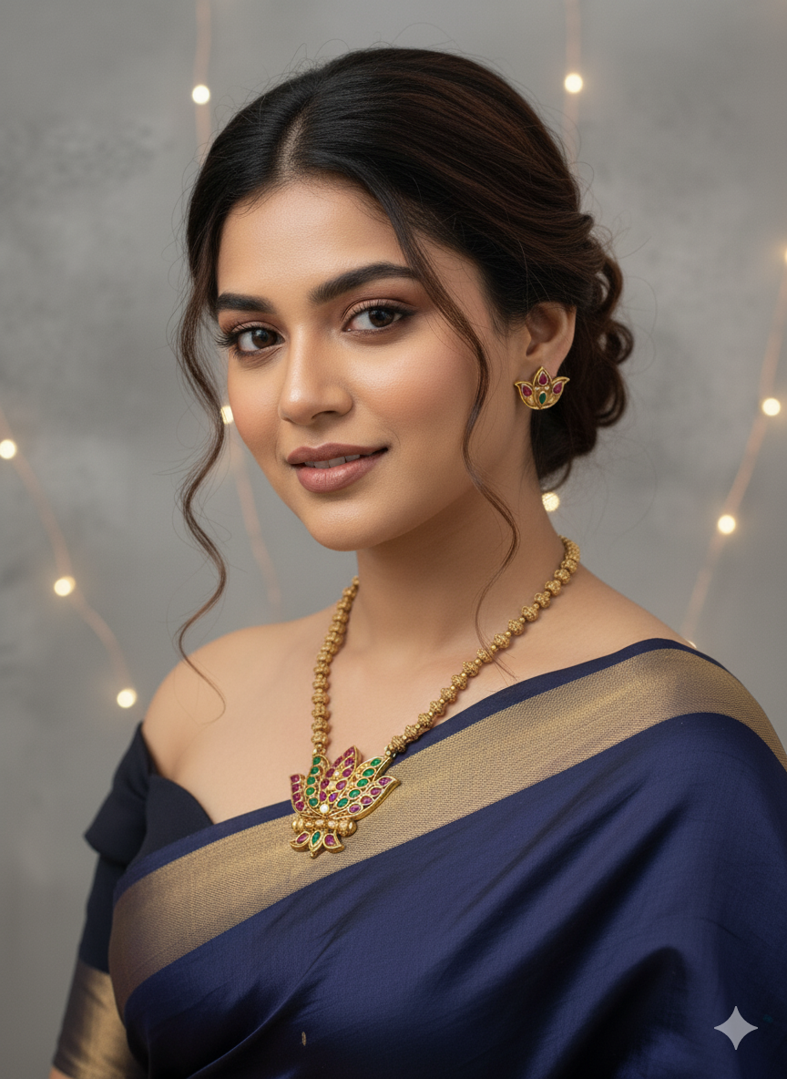 Reversible Lotus Pendant Necklace with Matching Earrings | Golden Bead Indian Jewelry Set | Ethnic Temple & Festive Wear