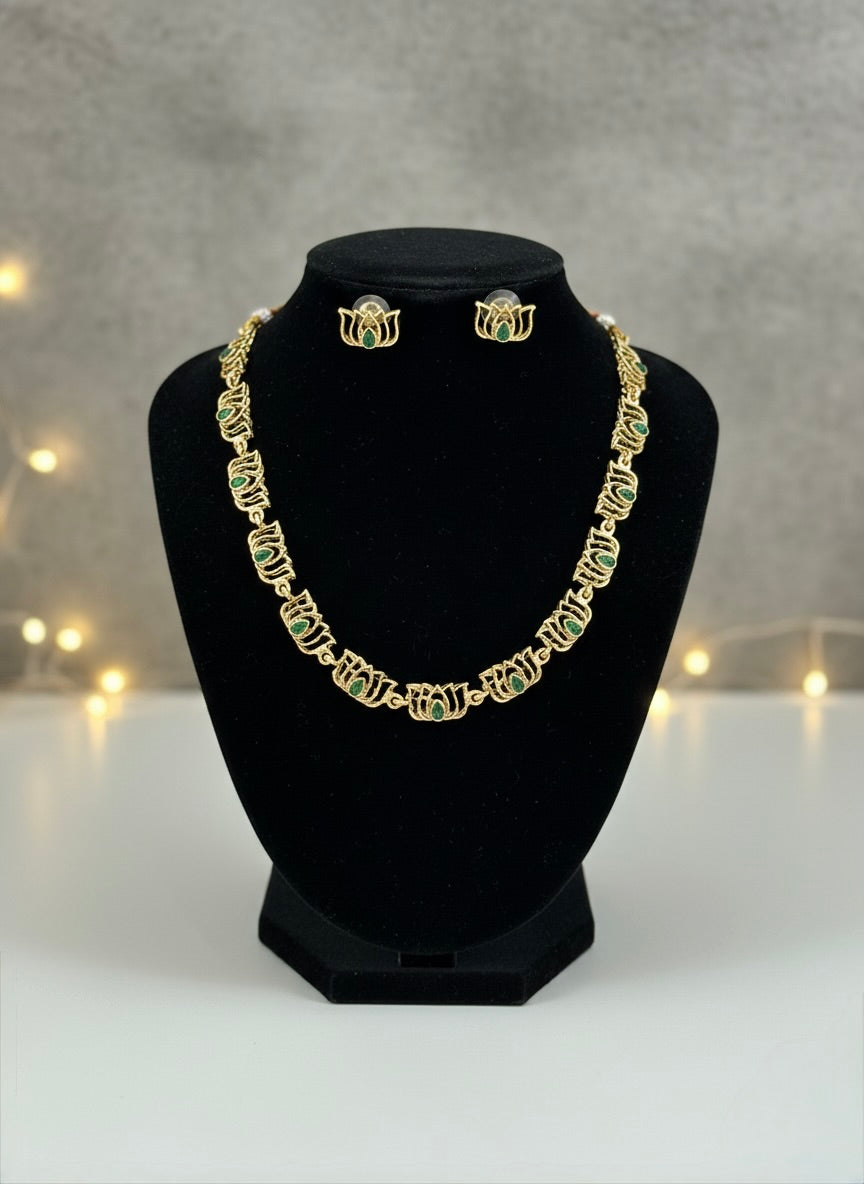Kalyani - Green stone Lotus statement Necklace with Earring