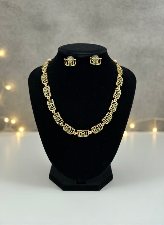 Kalyani - Green stone Lotus statement Necklace with Earring