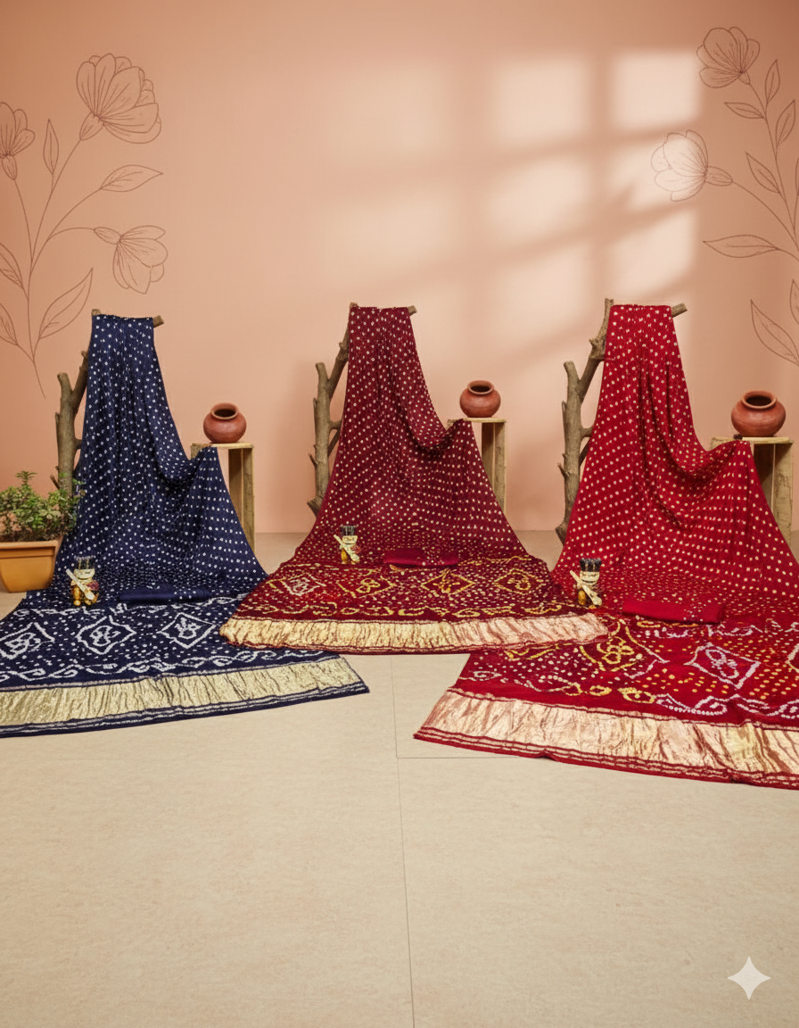 Hand Tied Bhandini/Bandhej Gajji Silk Saree with Lagdi Patta