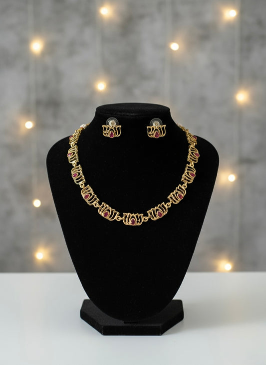 Kalyani - Red stone Lotus statement Necklace with Earring