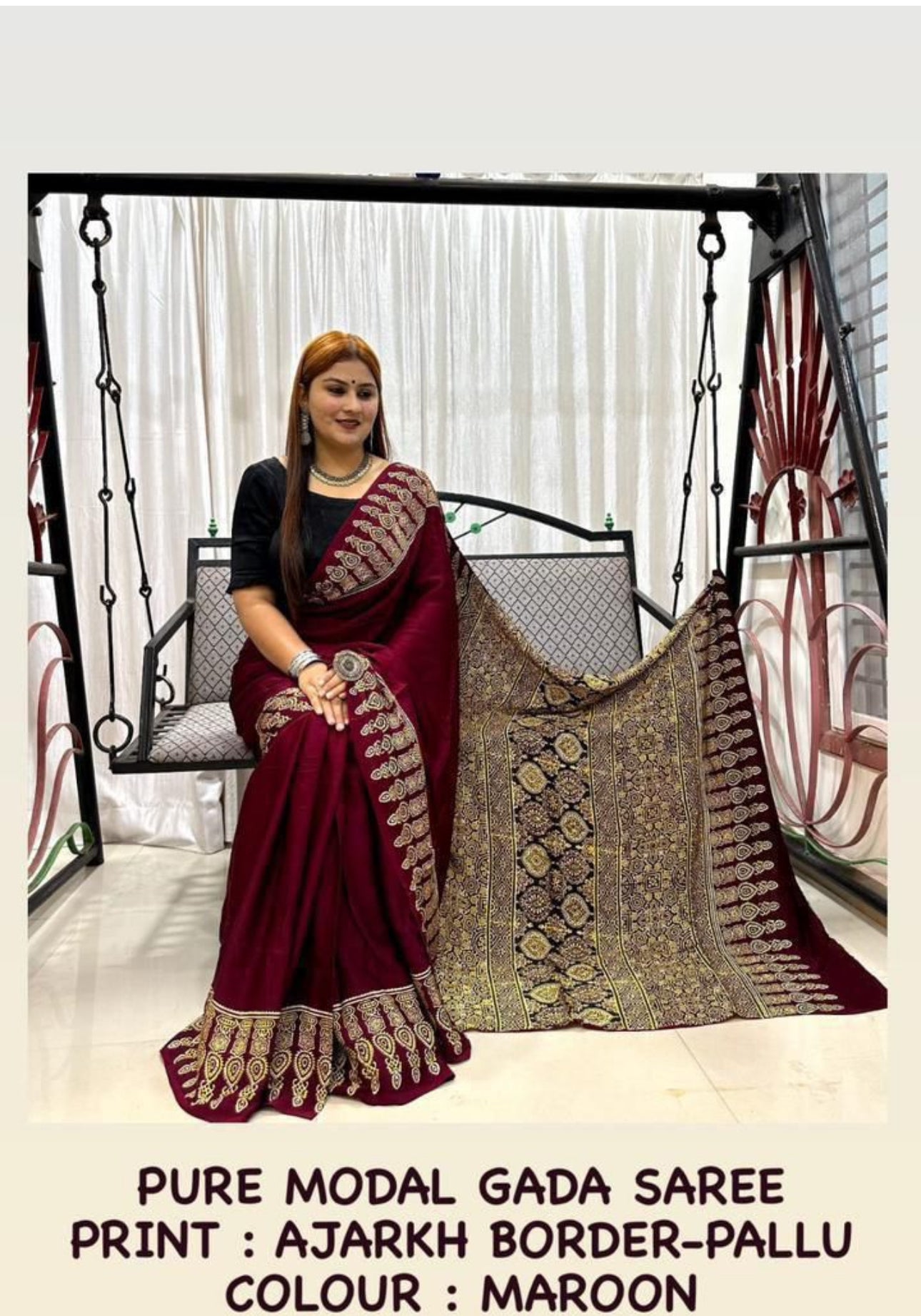Ajrakh Modal Silk Saree with Gada Border