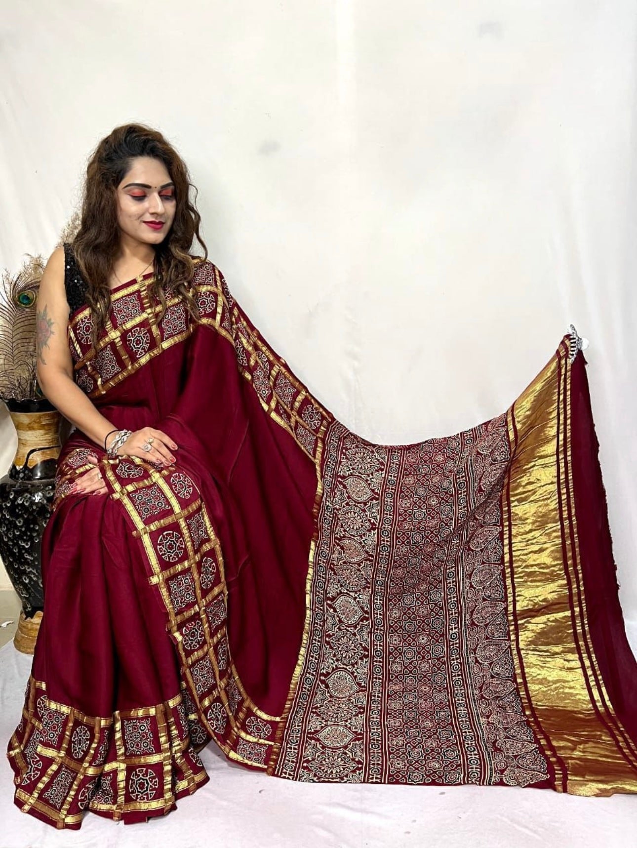 Modal Silk Ajrakh Garchola Gala Border Saree with Lagdi Patta
