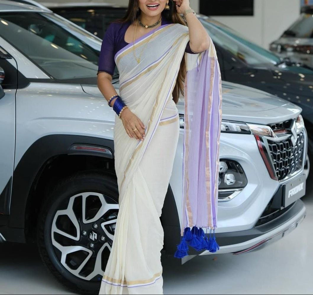 Manga - Lavender and White Mul Cotton Saree | Kerala Onam Saree