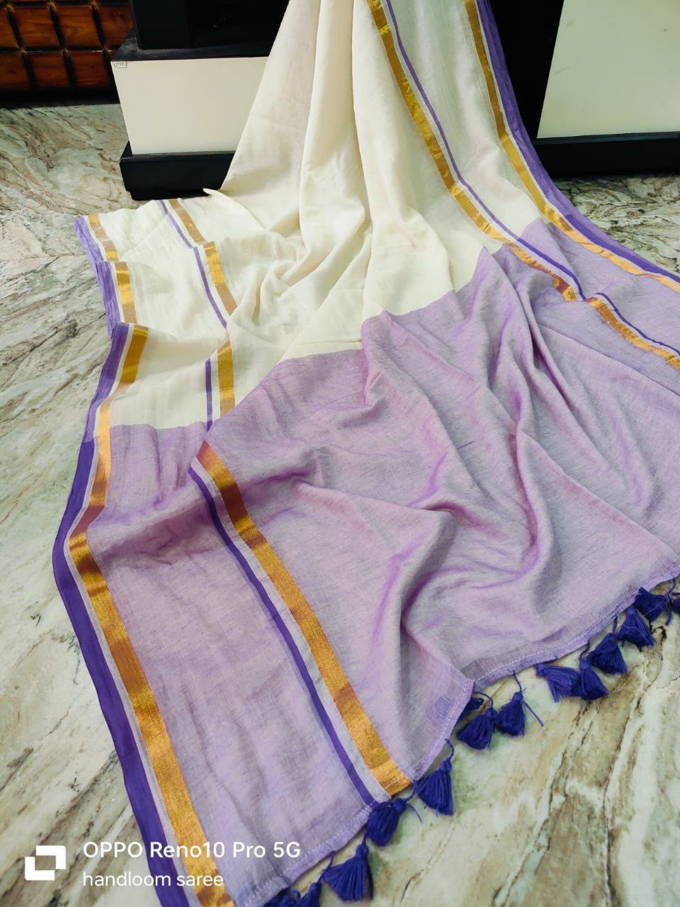 Manga - Lavender and White Mul Cotton Saree | Kerala Onam Saree