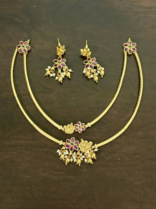 Vanya - Statement Double Layer Peacock and Floral Necklace Set with Matching Earrings