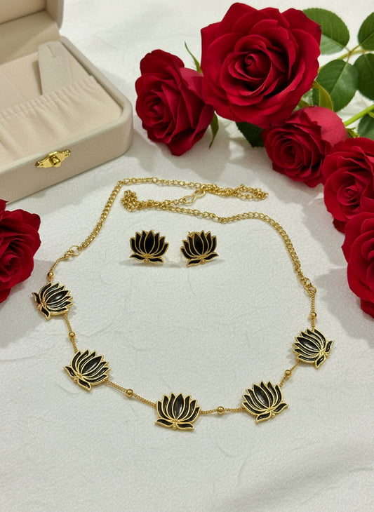 Manju - Black Lotus Choker with matching Stud Earrings