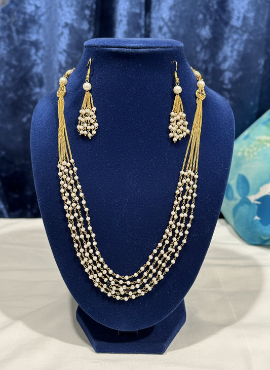 Nysa - Elegant Multi Layer Gold and Pearl Chain with matching earrings