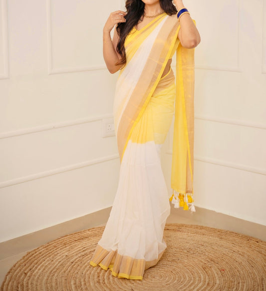 Manga - Yellow Tie Die Mul Cotton Saree | Kerala Onam Saree