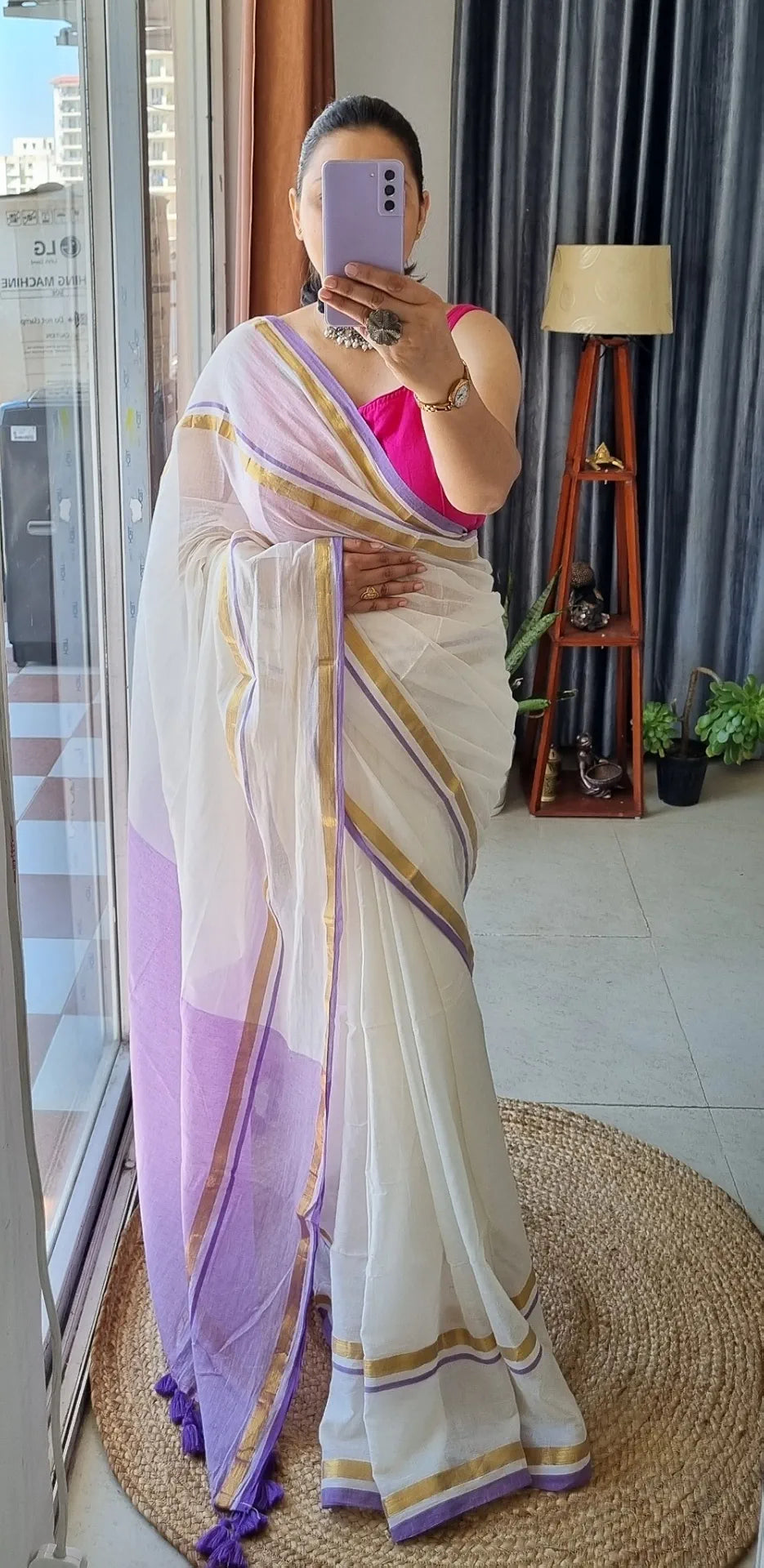 Manga - Lavender and White Mul Cotton Saree | Kerala Onam Saree