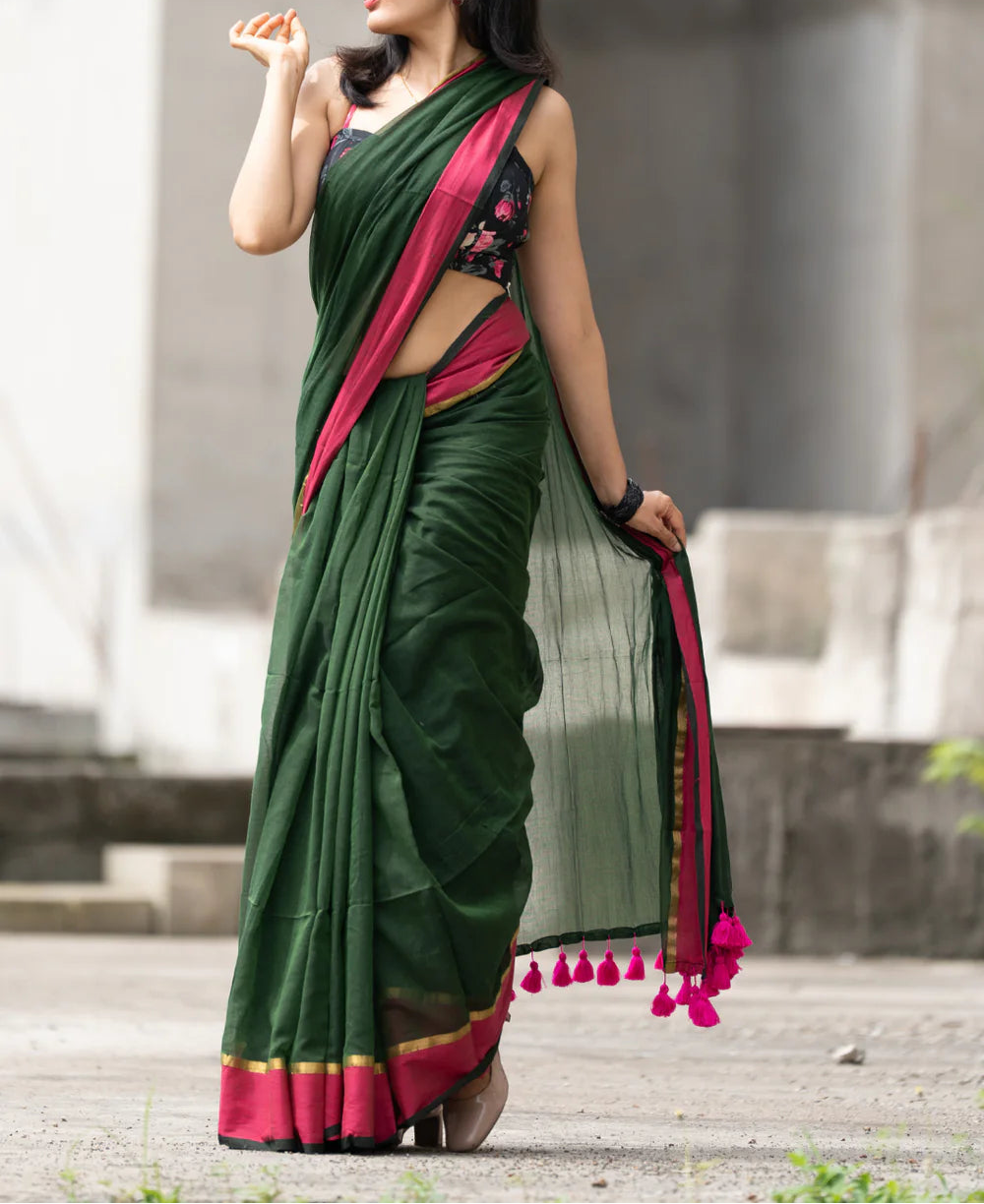 Rang - Green and Pink Mul Cotton Saree