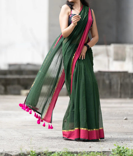 Rang - Green and Pink Mul Cotton Saree